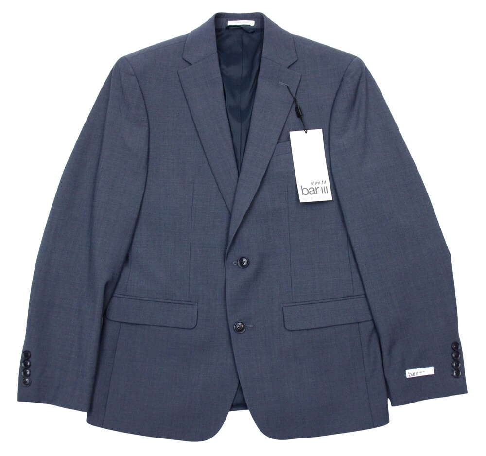 Bar III Skinny Fit Suit Jacket 44 L Mens Solid Blue Stretch Wool Two Button
